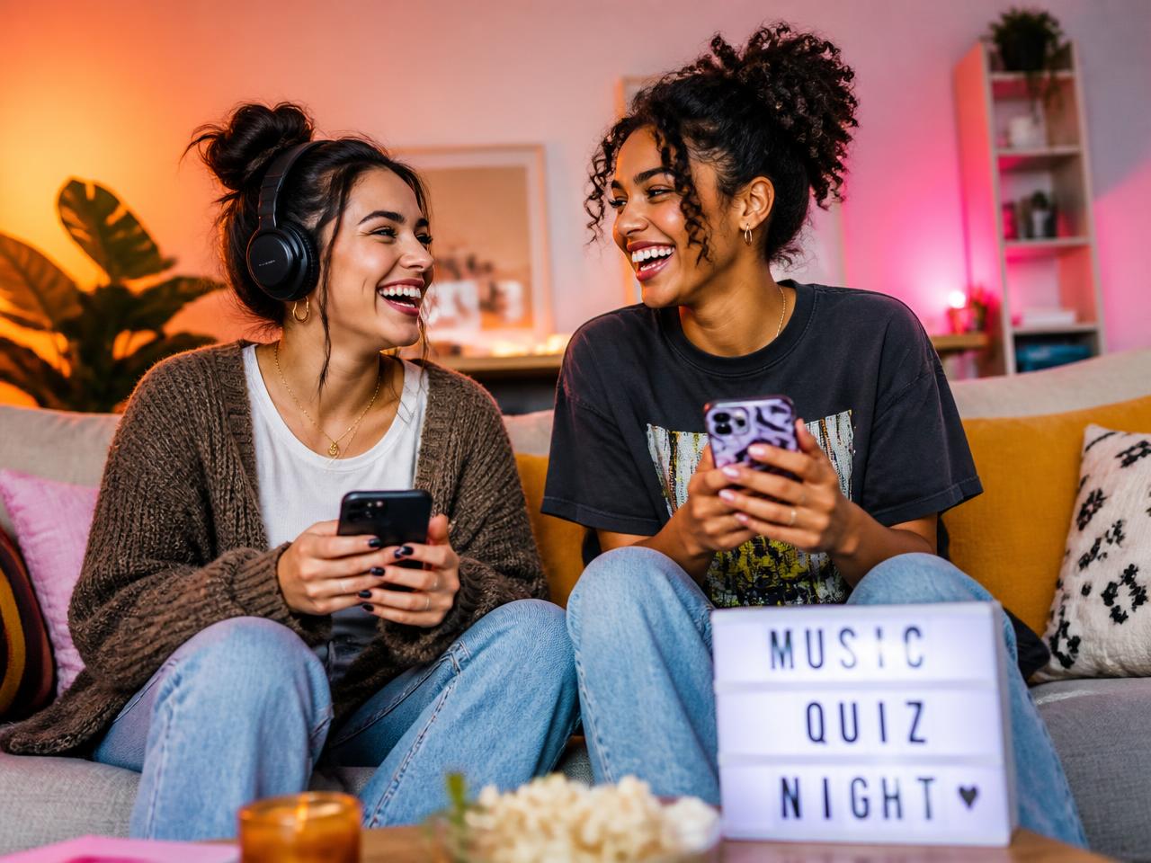 Twee vriendinnen spelen samen de dagelijkse muziekquiz